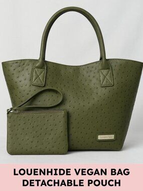 LouenHide tote bag vegan leather ostrich texture roomy carryall with pouch green